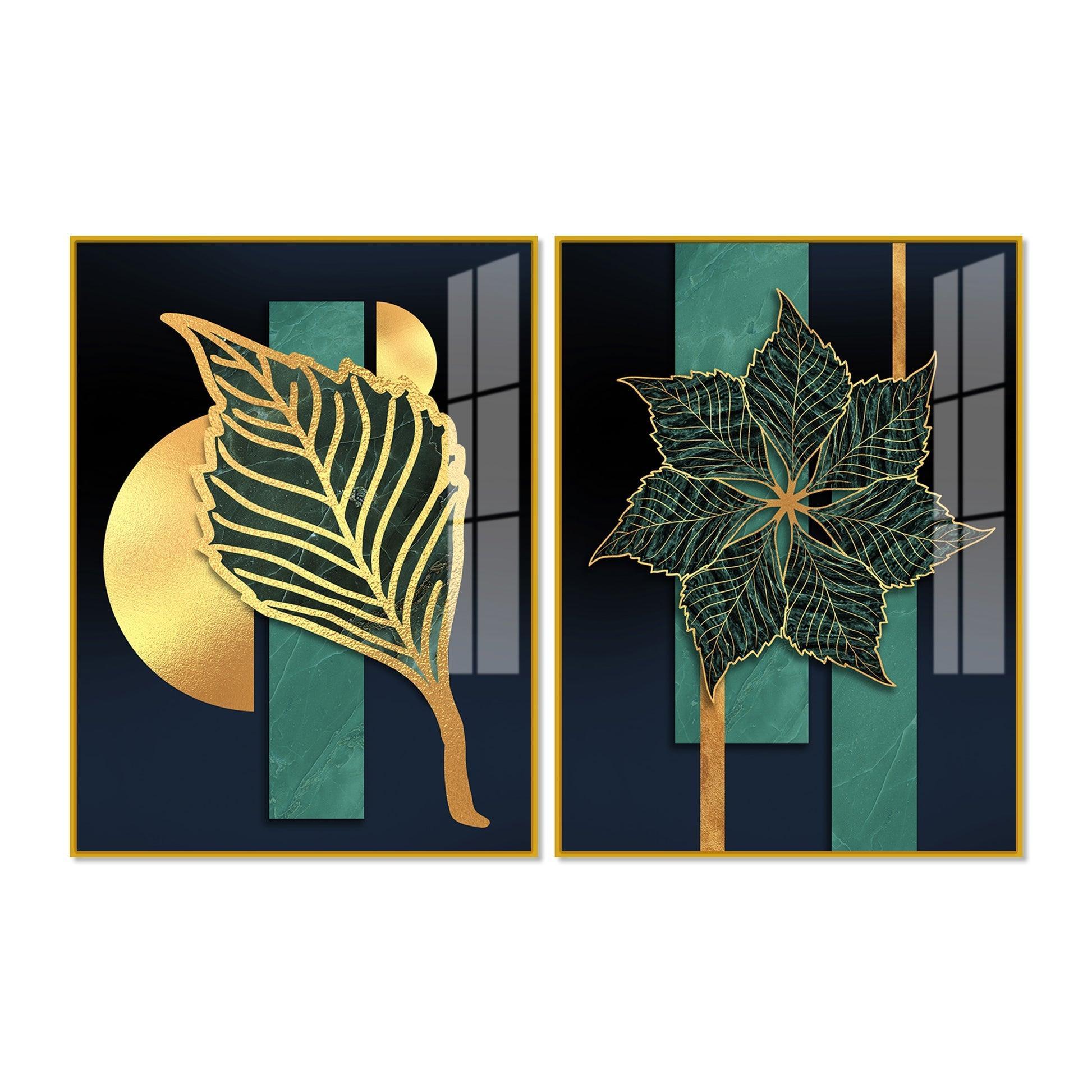 Golden Line Leaves Acrylic Floating Wall Painting Set of 2 - Decor Smart