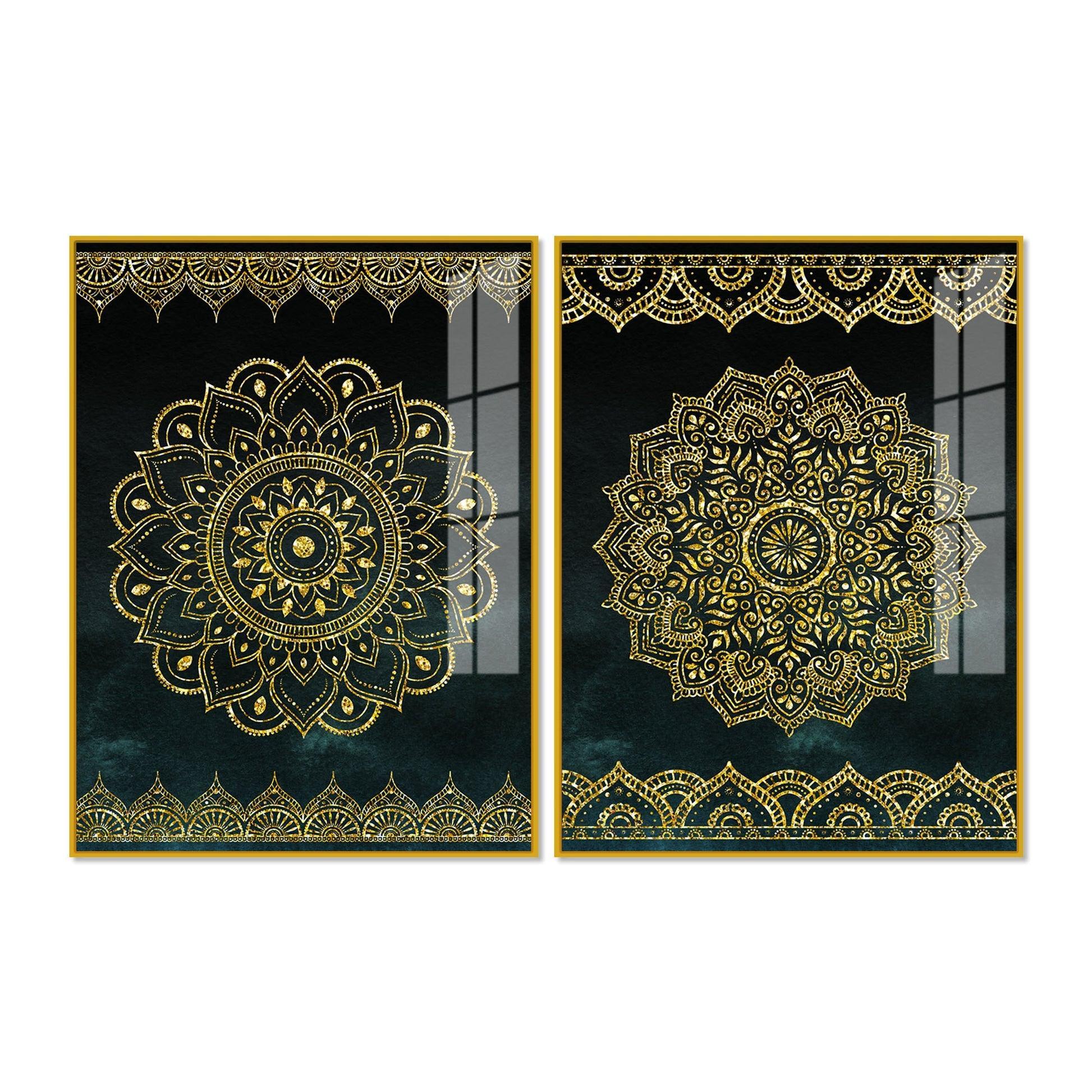 Golden Mandala Pattern Acrylic Floating Wall Painting Set of 2 - Decor Smart