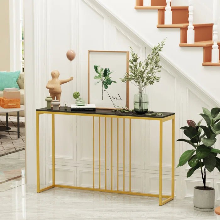 Golden Metallic Rectangular Shaped Black Marble Designer Console Table - Decor Smart