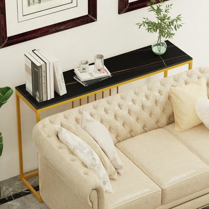 Golden Metallic Rectangular Shaped Black Marble Designer Console Table - Decor Smart