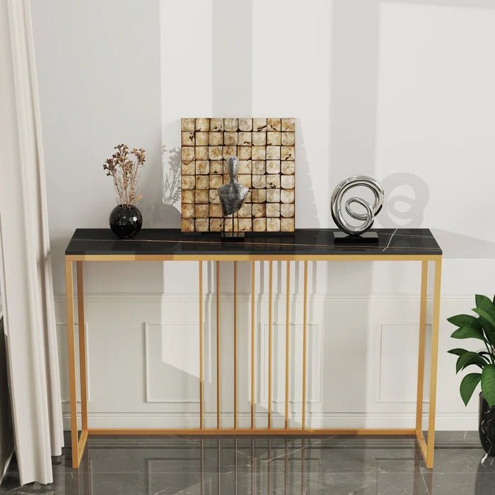 Golden Metallic Rectangular Shaped Black Marble Designer Console Table - Decor Smart