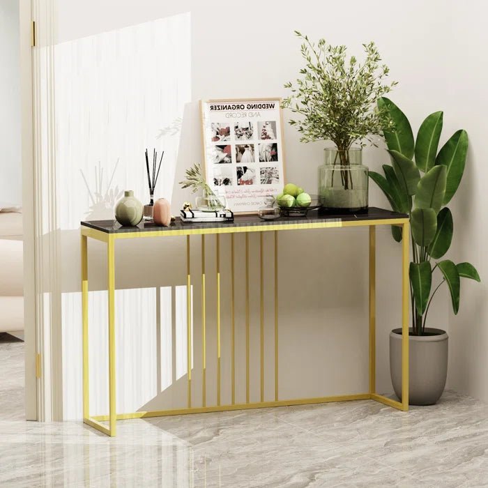 Golden Metallic Rectangular Shaped Black Marble Designer Console Table - Decor Smart