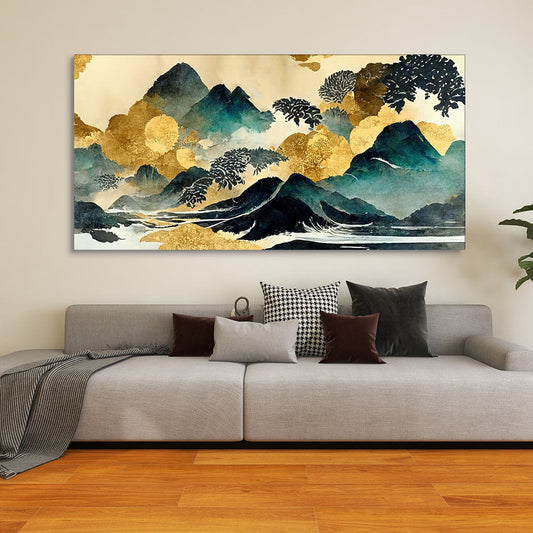 Golden Mountain Scenery of Mount Fuji Premium Canvas Wall Painting | Decor Smart