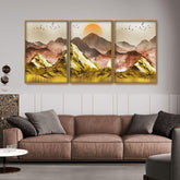 Golden Mountains and Birds Scenery Floating Canvas Wall Painting Set of Three - Decor Smart
