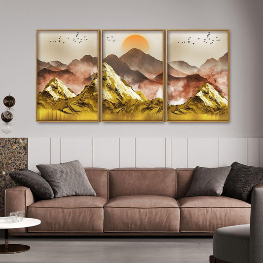 Golden Mountains and Birds Scenery Floating Canvas Wall Painting Set of Three - Decor Smart