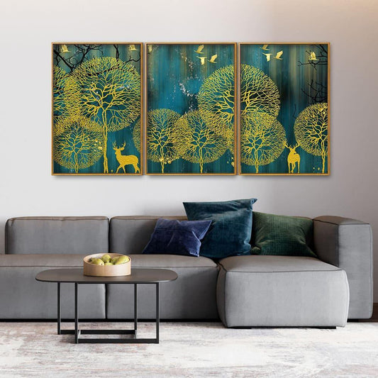Golden Nightscape with Deer and Golden birds Floating Canvas Wall Painting Set of Three - Decor Smart