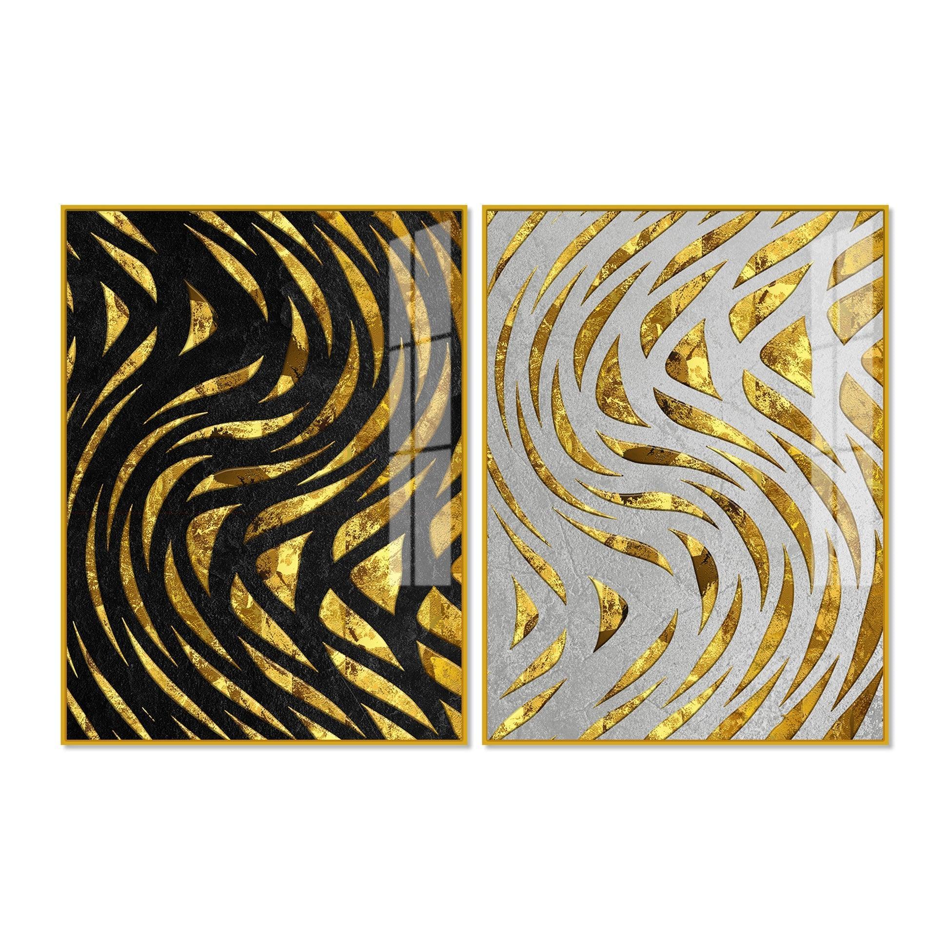Golden Patterns Acrylic Floating Wall Painting Set of 2 - Decor Smart