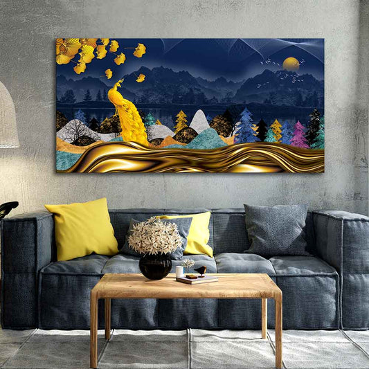 Golden Peacock in Dark Forest Premium Wall Painting - Decor Smart