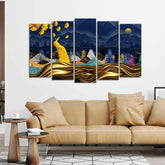 Golden Peacock in Dark Forest Premium Wall Painting Set of 5 Pieces - Decor Smart