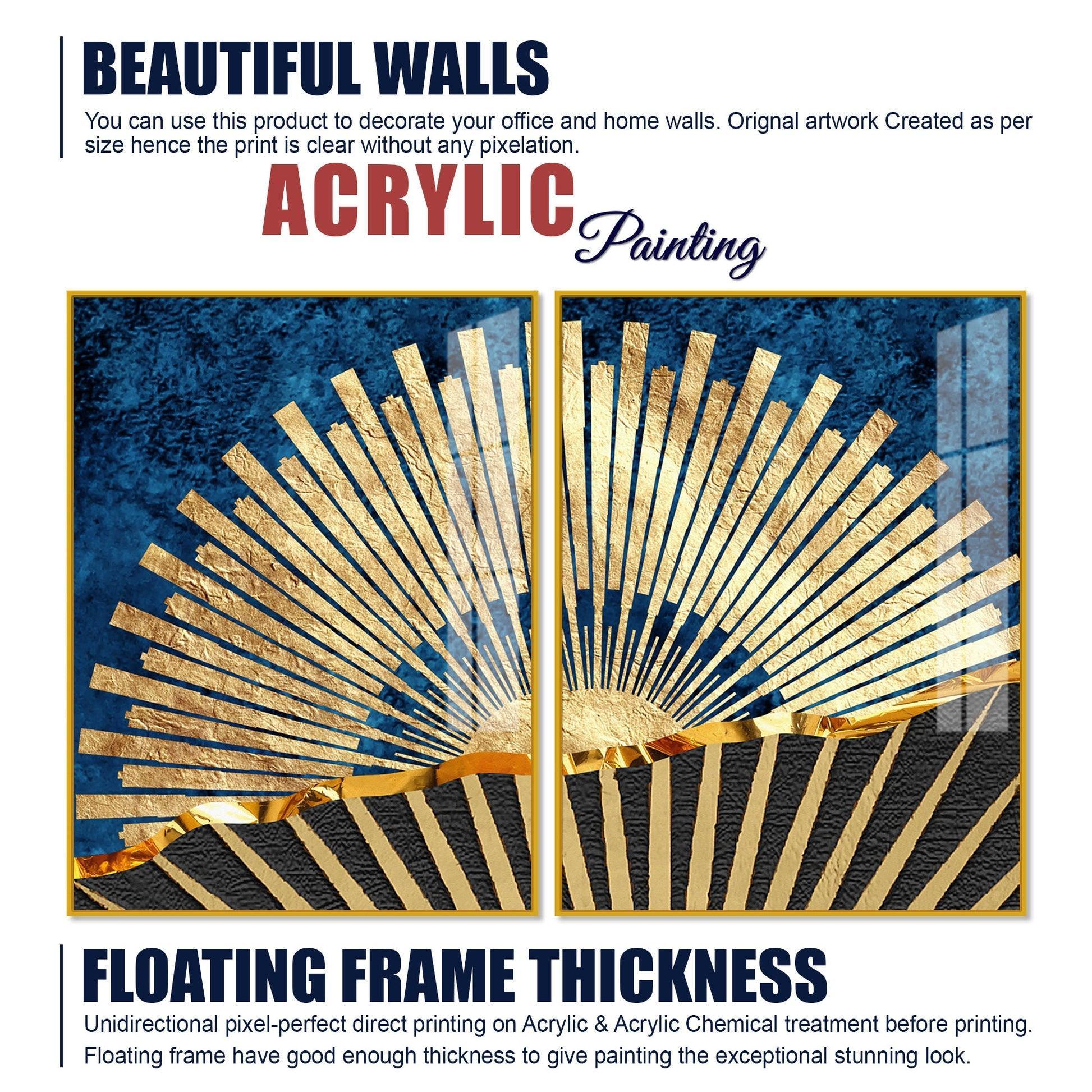 Golden Rising Sun Acrylic Floating Wall Painting Set of 2 - Decor Smart