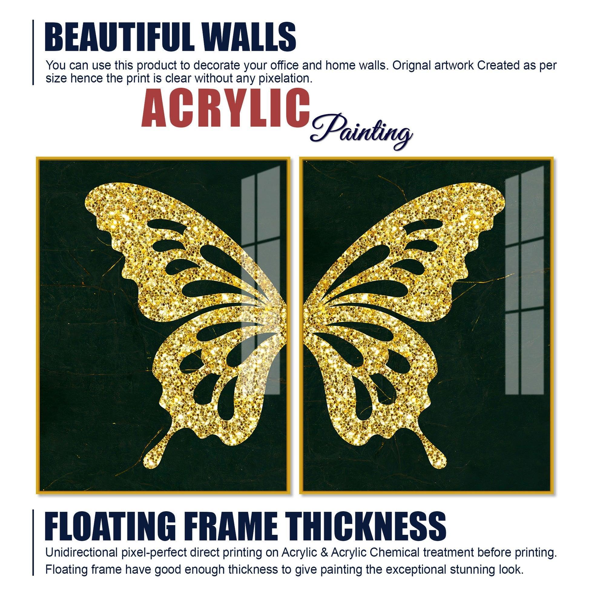 Golden Sparkling Butterfly Acrylic Floating Wall Painting Set of - Decor Smart