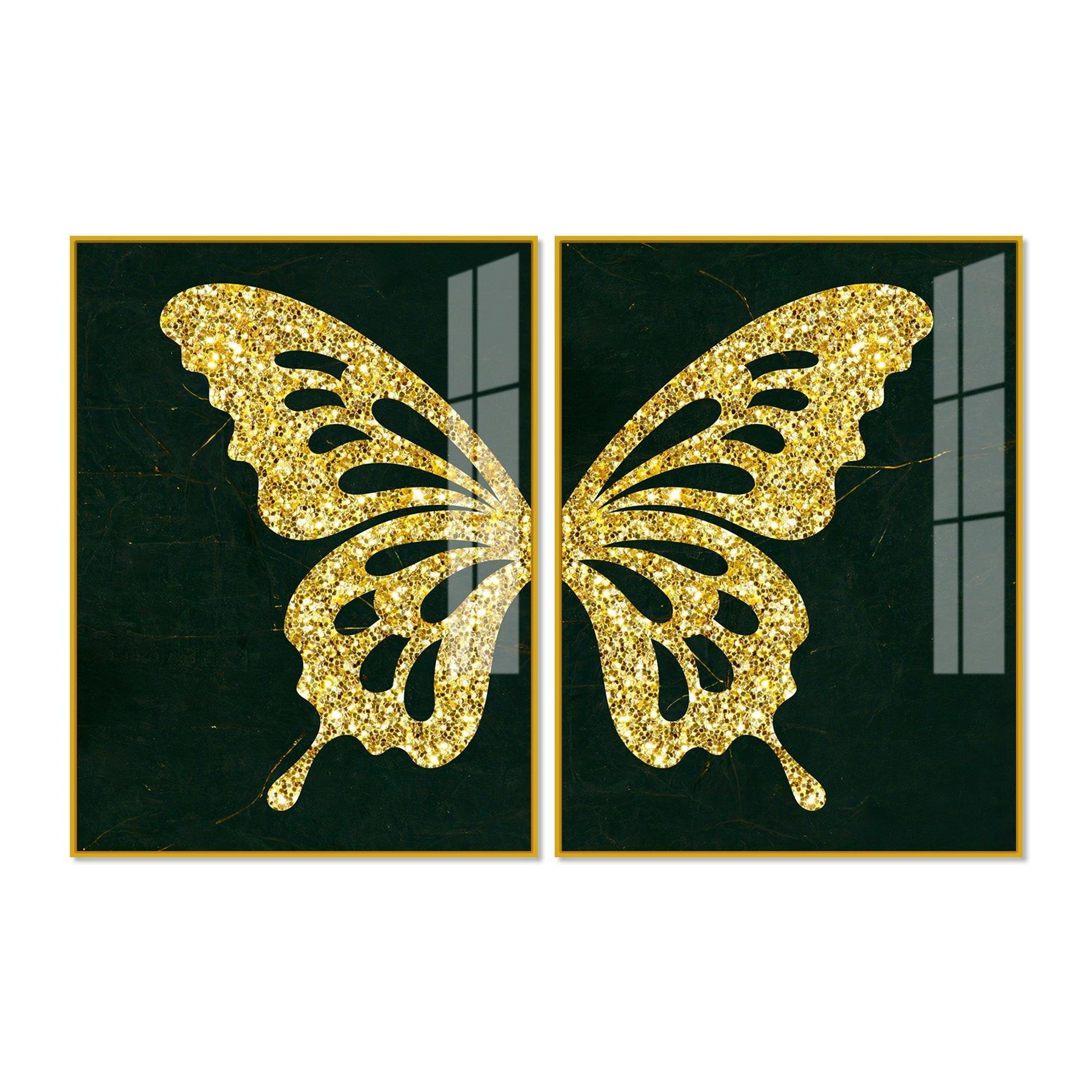 Golden Sparkling Butterfly Acrylic Floating Wall Painting Set of - Decor Smart