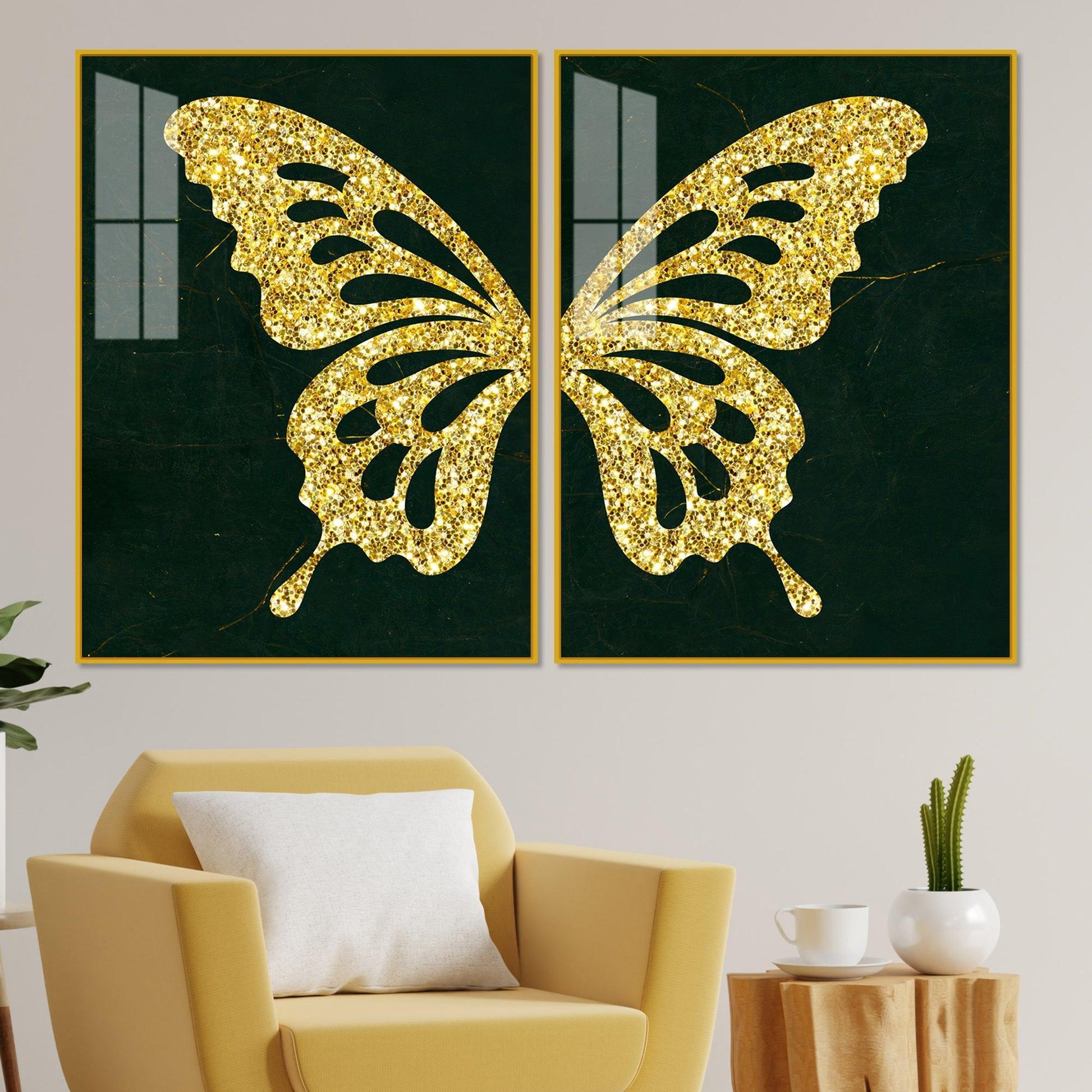 Golden Sparkling Butterfly Acrylic Floating Wall Painting Set of - Decor Smart