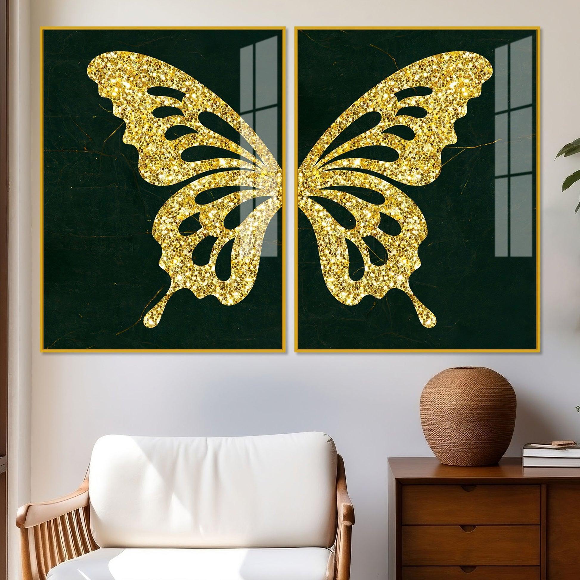 Golden Sparkling Butterfly Acrylic Floating Wall Painting Set of - Decor Smart