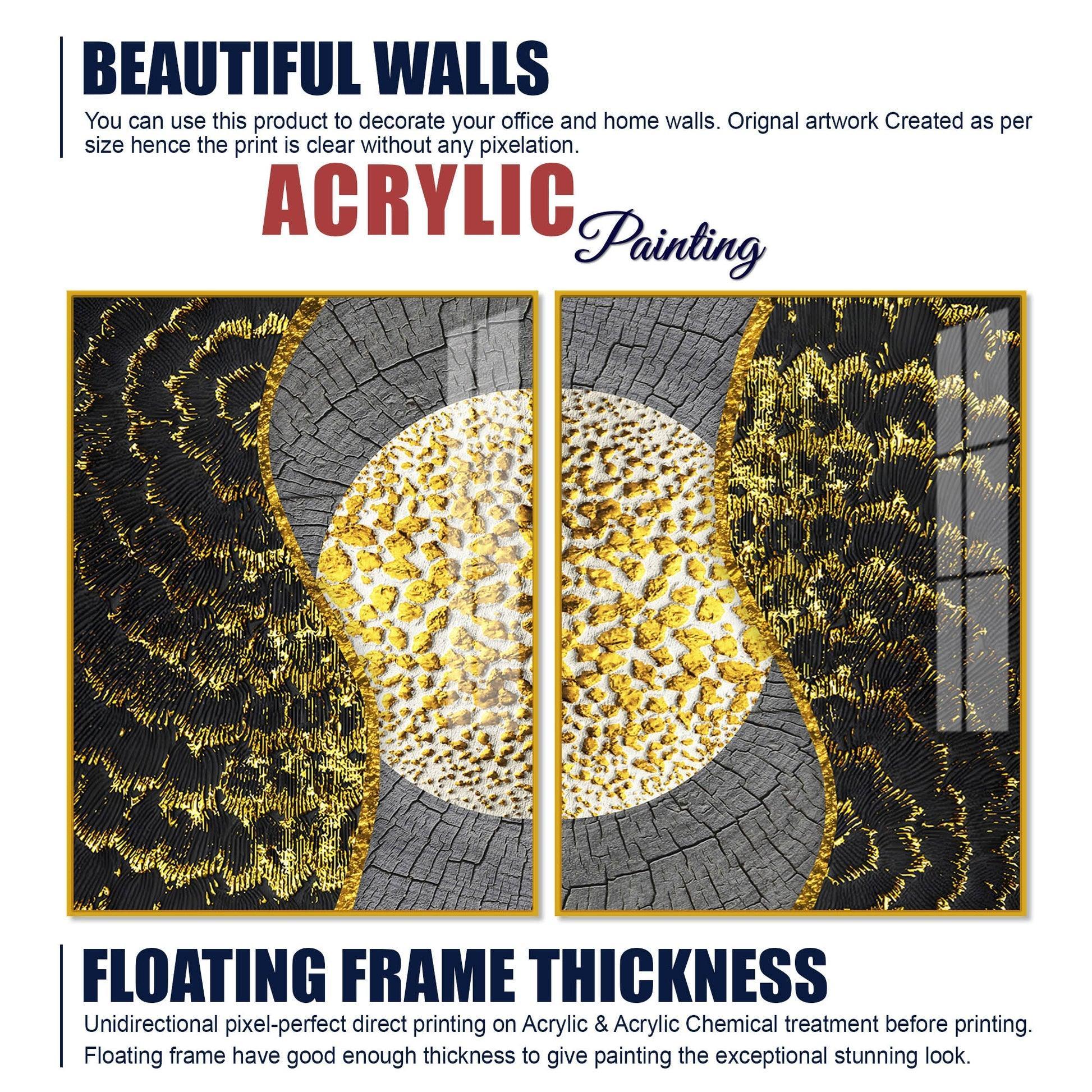 Golden Textured Pattern Acrylic Floating Wall Painting Set of 2 - Decor Smart