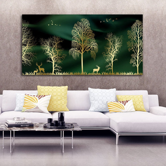 Golden Trees and Deer Modern Art Premium Wall Painting - Decor Smart