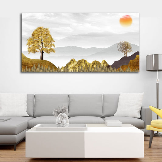 Golden Trees with Beautiful Sunrise Premium Canvas Wall Painting - Decor Smart