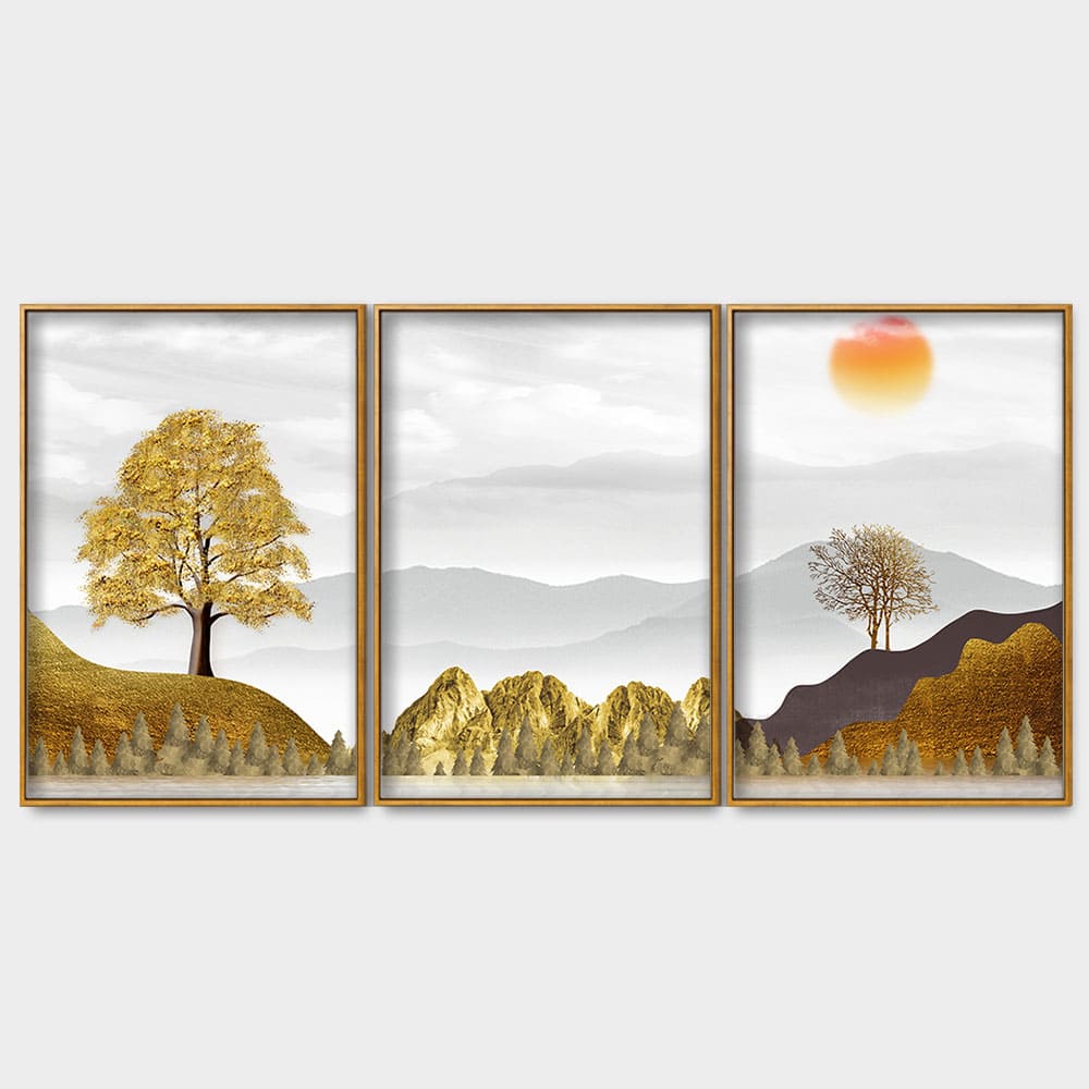 Golden Trees with Beautiful Sunrise Premium Floating Canvas Wall Painting Set of Three - Decor Smart