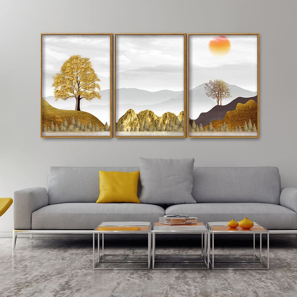 Golden Trees with Beautiful Sunrise Premium Floating Canvas Wall Painting Set of Three - Decor Smart
