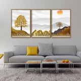 Golden Trees with Beautiful Sunrise Premium Floating Canvas Wall Painting Set of Three - Decor Smart