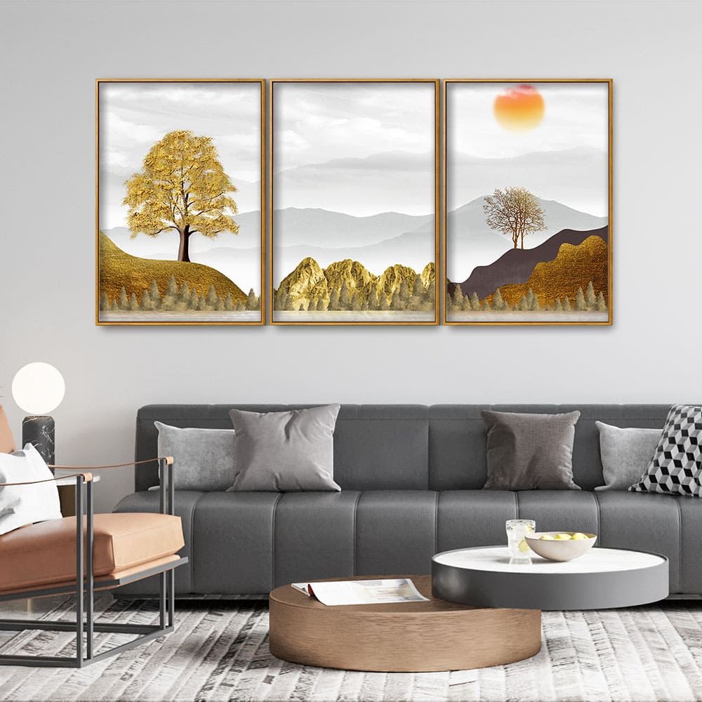 Golden Trees with Beautiful Sunrise Premium Floating Canvas Wall Painting Set of Three - Decor Smart