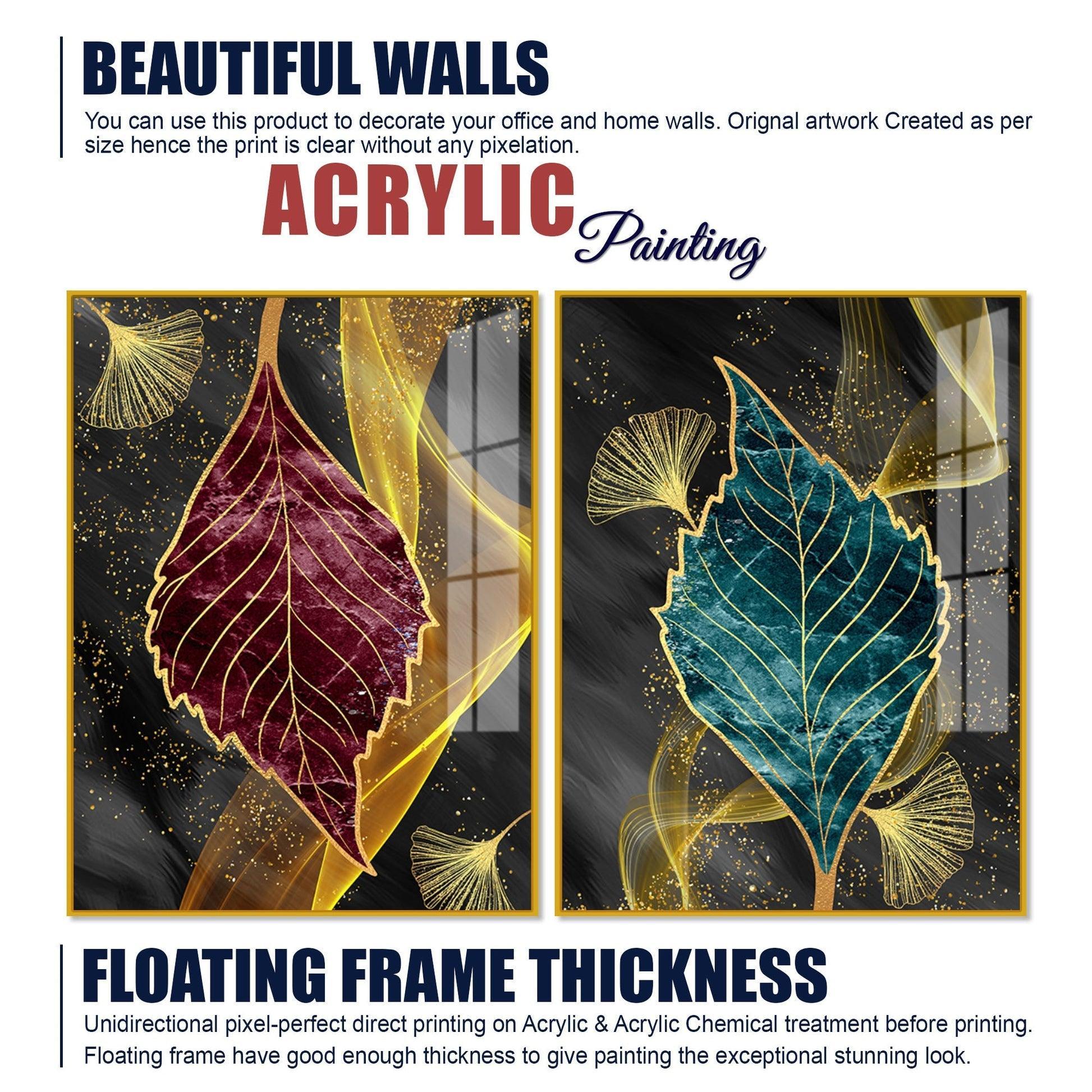 Green and Red Leaf Shape Acrylic Floating Wall Painting Set of 2 - Decor Smart