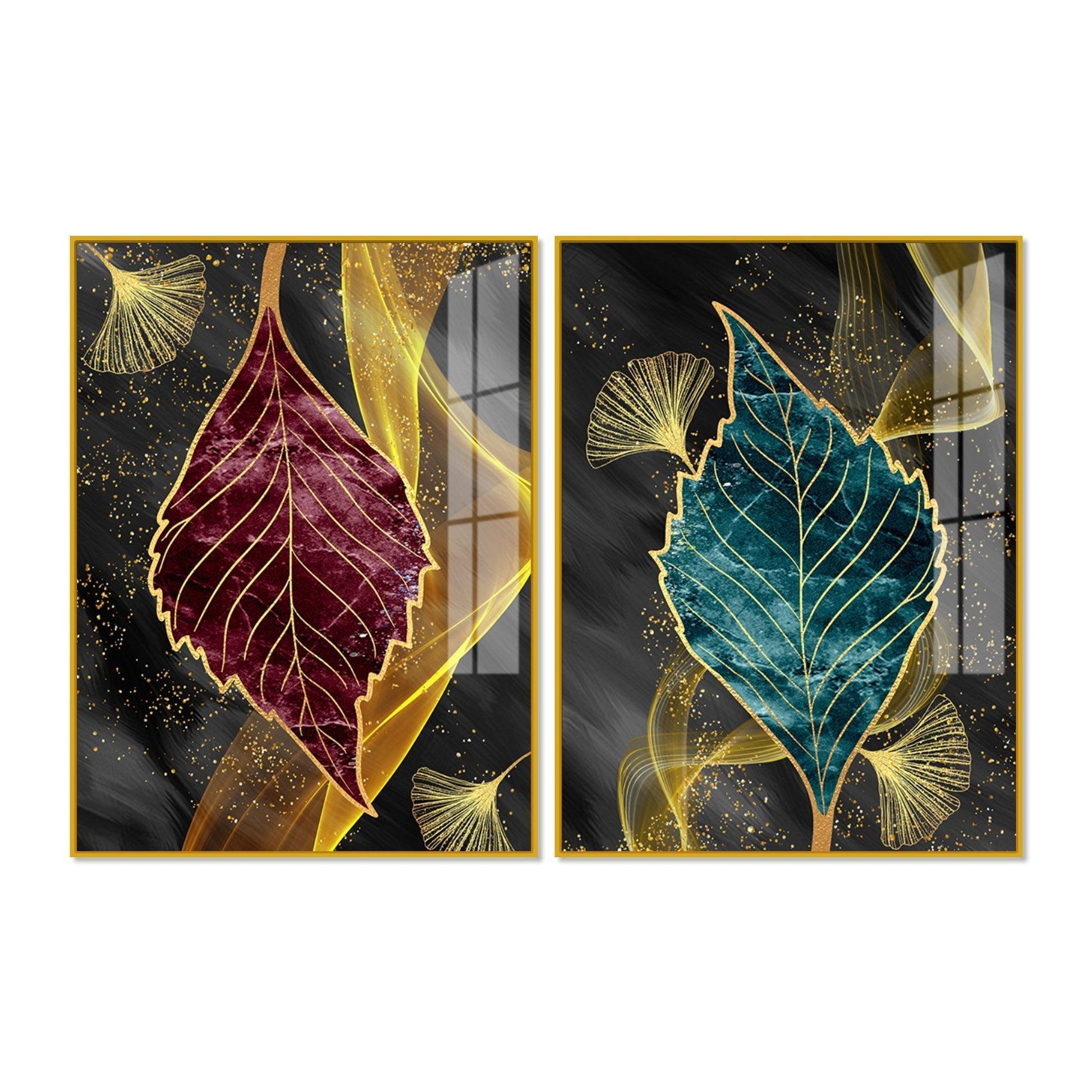 Green and Red Leaf Shape Acrylic Floating Wall Painting Set of 2 - Decor Smart
