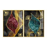 Green and Red Leaf Shape Acrylic Floating Wall Painting Set of 2 - Decor Smart