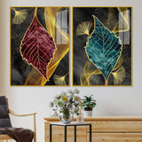 Green and Red Leaf Shape Acrylic Floating Wall Painting Set of 2 - Decor Smart