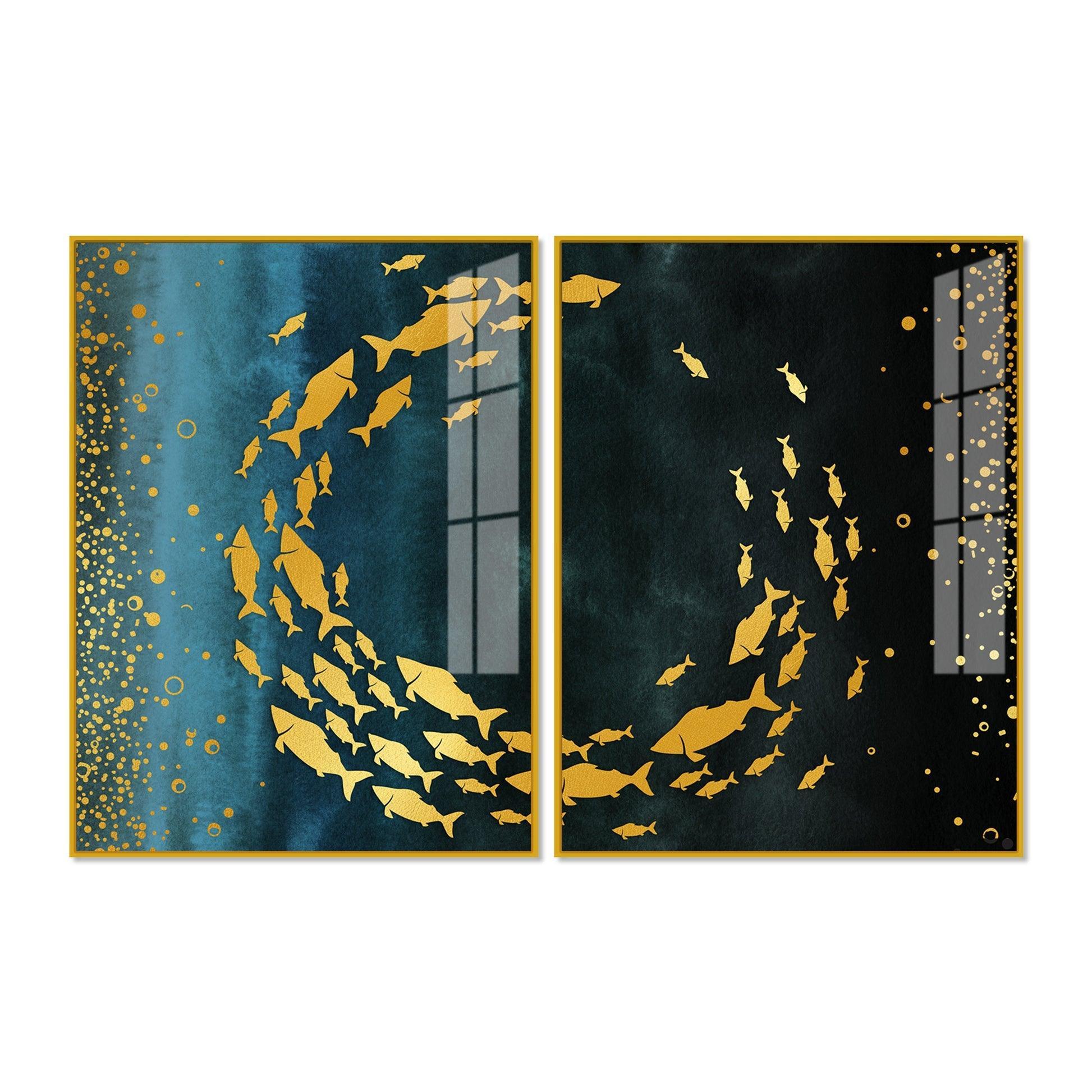 Group of Golden Fishes Acrylic Floating Wall Painting Set of 2 - Decor Smart