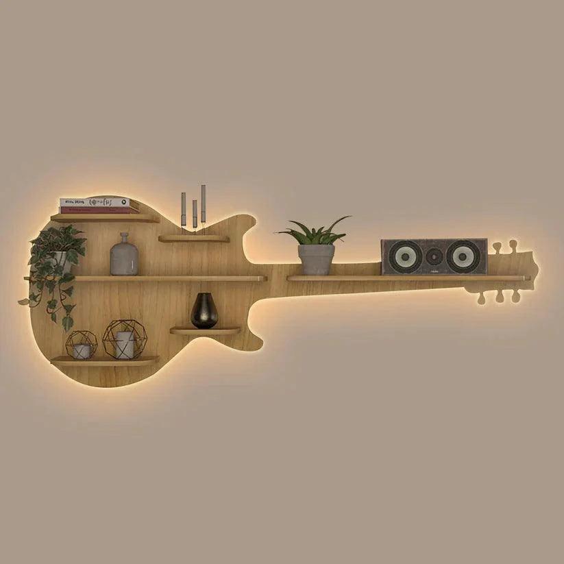 Guitar Backlit Designer Wooden Wall Shelf / Book Shelf / Night Light, Oak Finish - Decor Smart