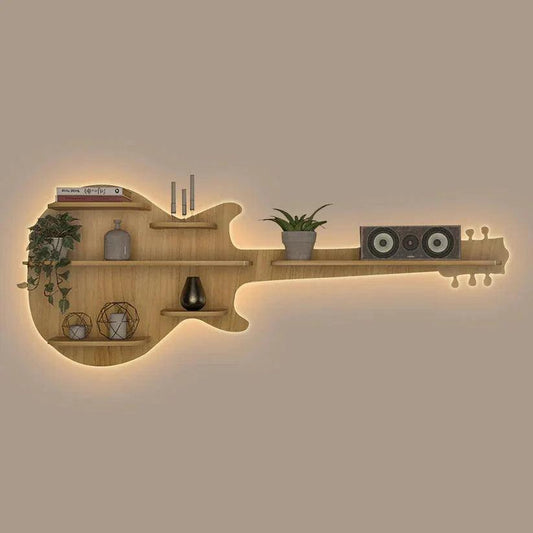 Guitar Backlit Designer Wooden Wall Shelf / Book Shelf / Night Light, Oak Finish - Decor Smart