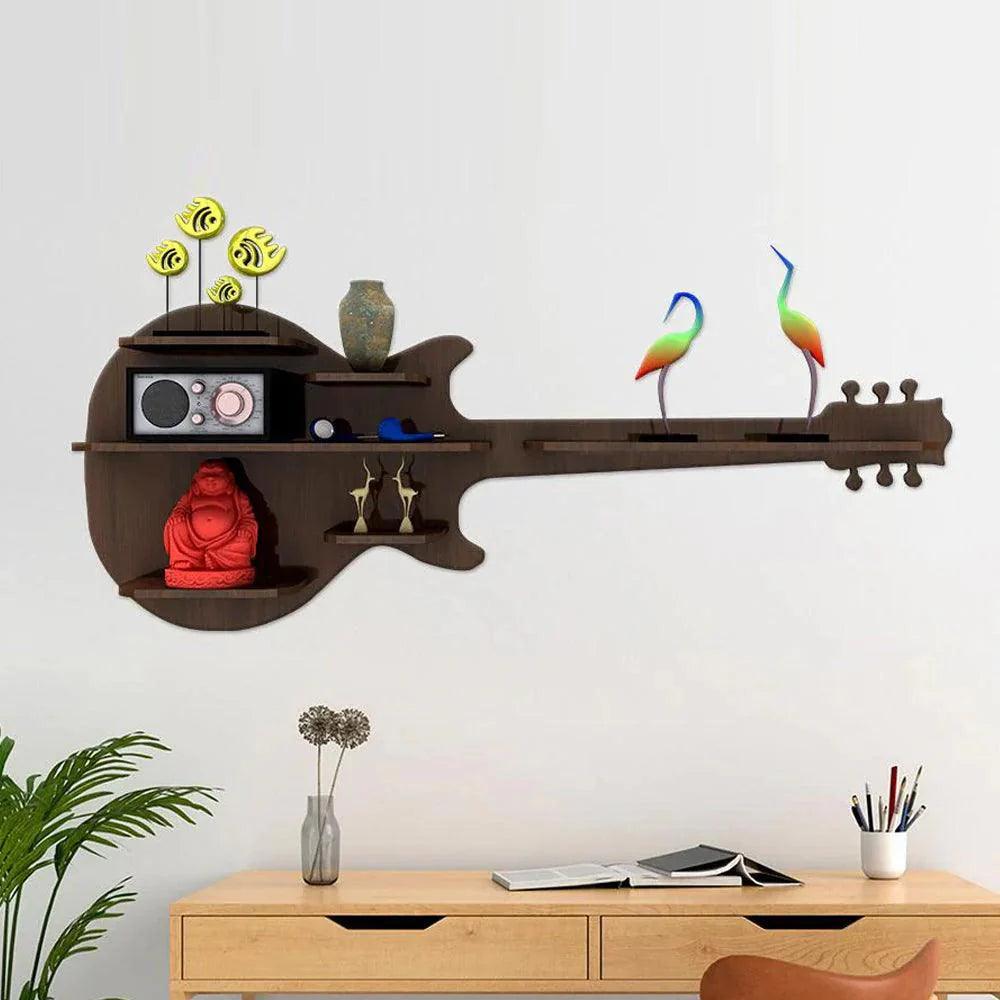 Guitar Backlit Designer Wooden Wall Shelf / Book Shelf / Night Light, Walnut Finish - Decor Smart