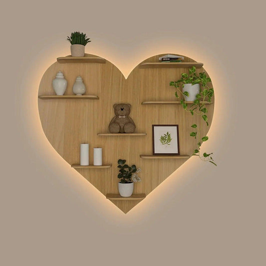 Heart Backlit Designer Wooden Wall Shelf / Book Shelf / Night Light, Light Oak Finish - Decor Smart