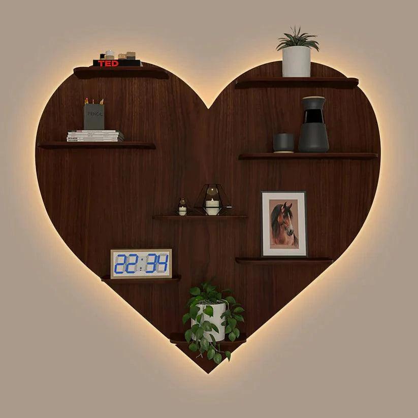 Heart Backlit Designer Wooden Wall Shelf / Book Shelf / Night Light, Walnut Finish - Decor Smart