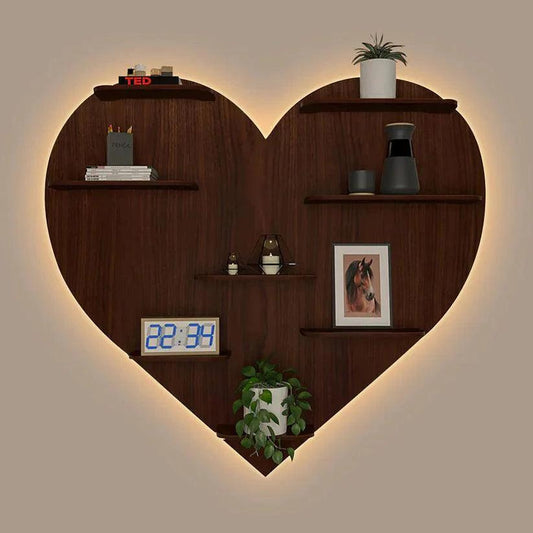 Heart Backlit Designer Wooden Wall Shelf / Book Shelf / Night Light, Walnut Finish - Decor Smart