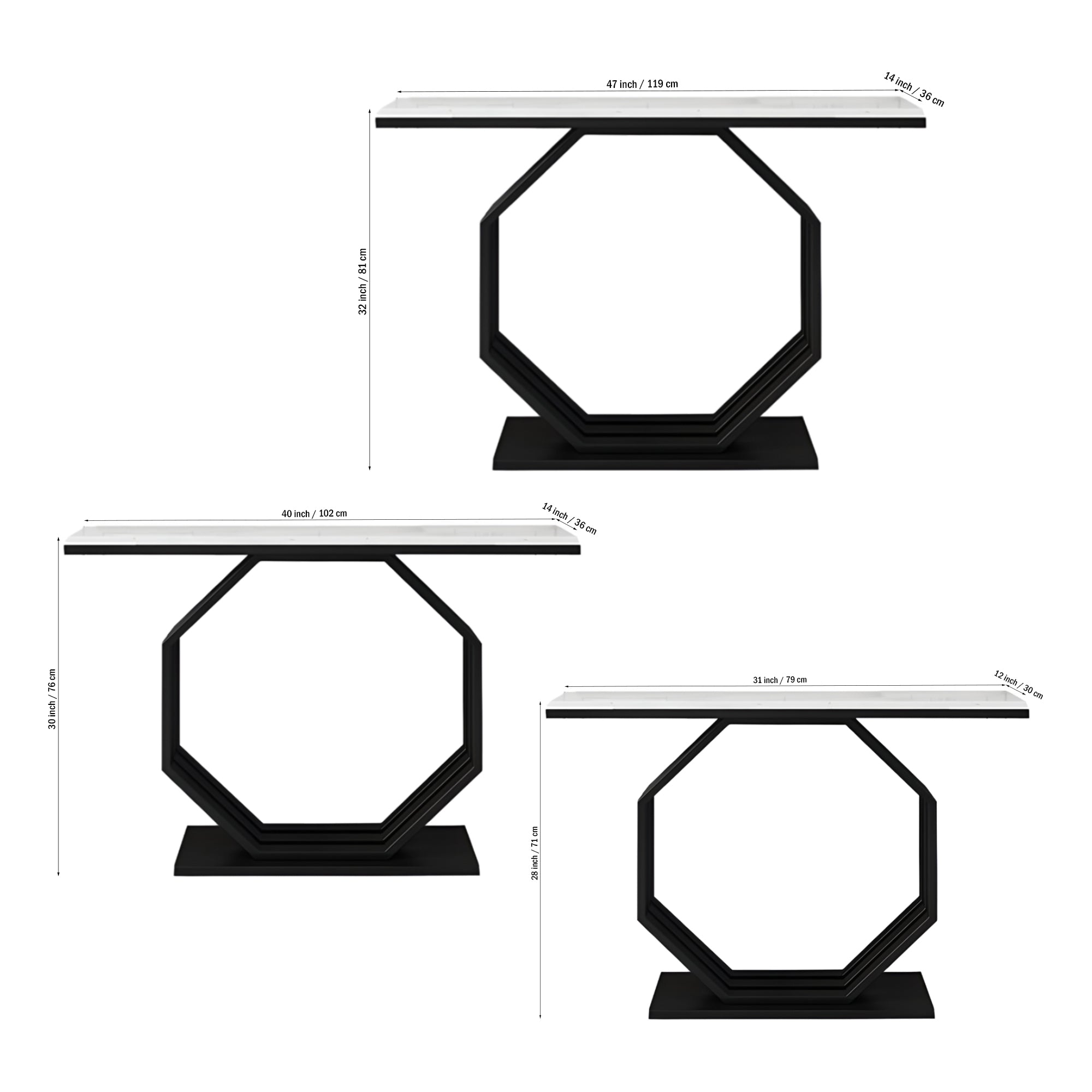 Heptagon Black Base Rectangular Shape White Marble Console Table - Decor Smart