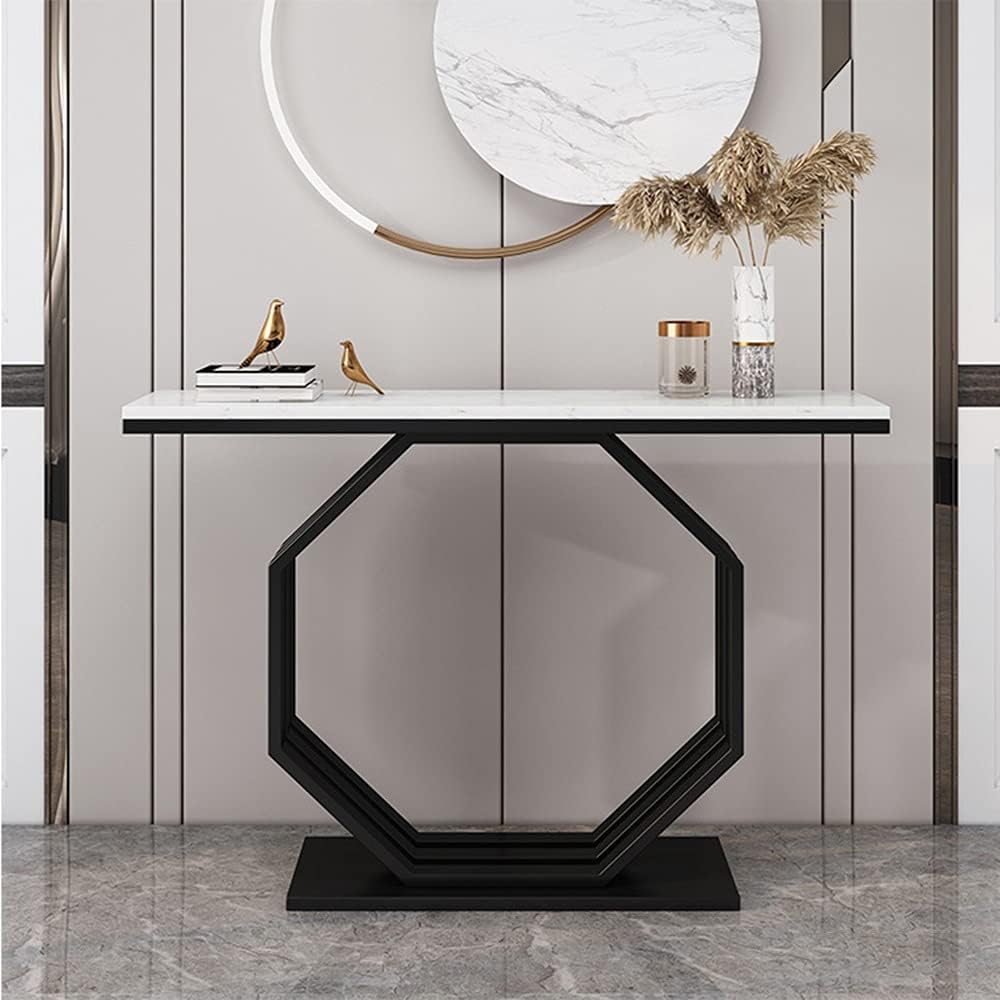 Heptagon Black Base Rectangular Shape White Marble Console Table - Decor Smart