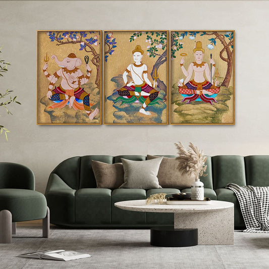 Hindu God Thai Style Art Canvas Floating Canvas Wall Painting Set of Three - Decor Smart