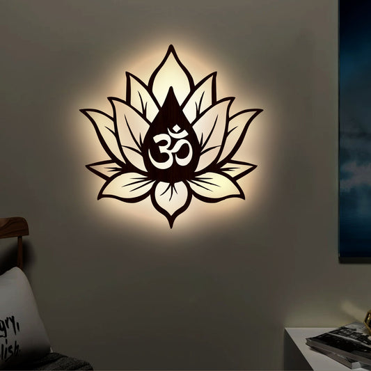 Hindu OM inside Lotus Flower Backlit Wooden Wall Decor with LED Night Light Walnut Finish - Decor Smart