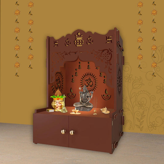 Holy Symbol Om Chakra Floor Temple with Spacious Wooden Shelf & Inbuilt Focus Light - Brown Finish - Decor Smart