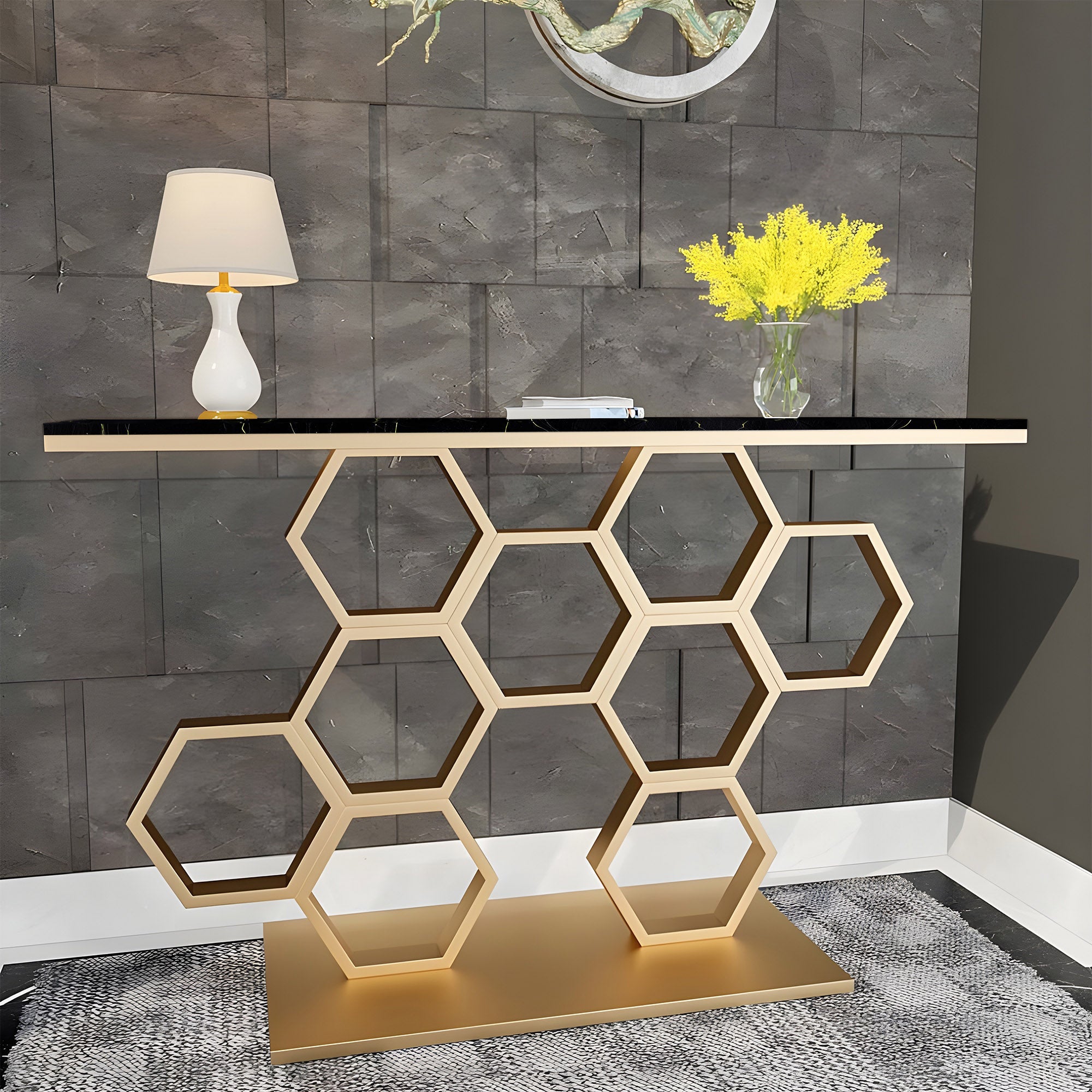 Honeycomb Motif Artistic Golden Finish Metal Console Table - Decor Smart