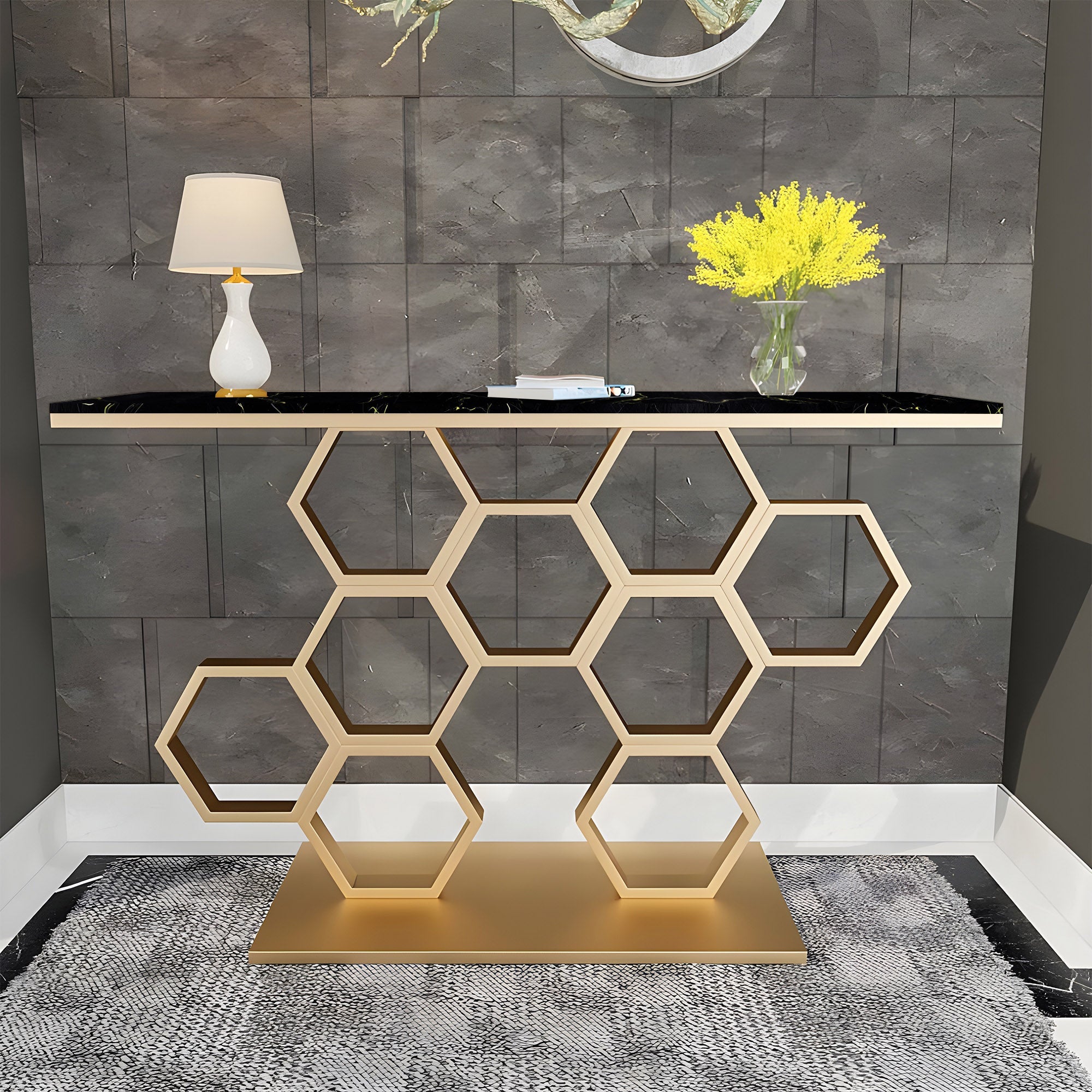Honeycomb Motif Artistic Golden Finish Metal Console Table - Decor Smart