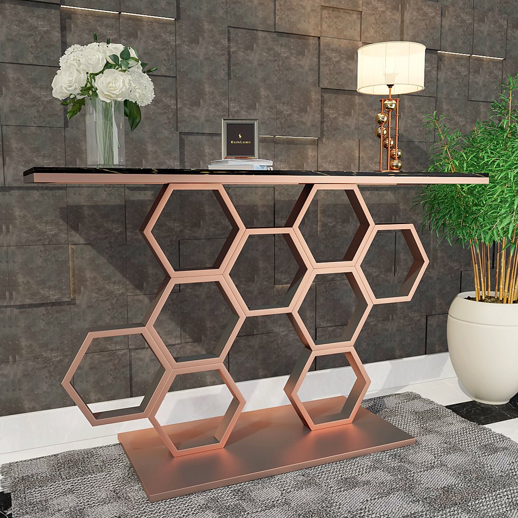 Honeycomb Motif Copper Finish Metal Console Table - Decor Smart