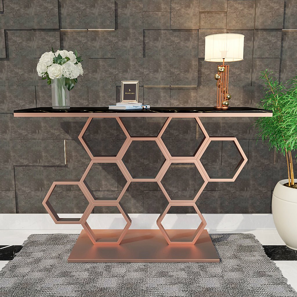 Honeycomb Motif Copper Finish Metal Console Table - Decor Smart