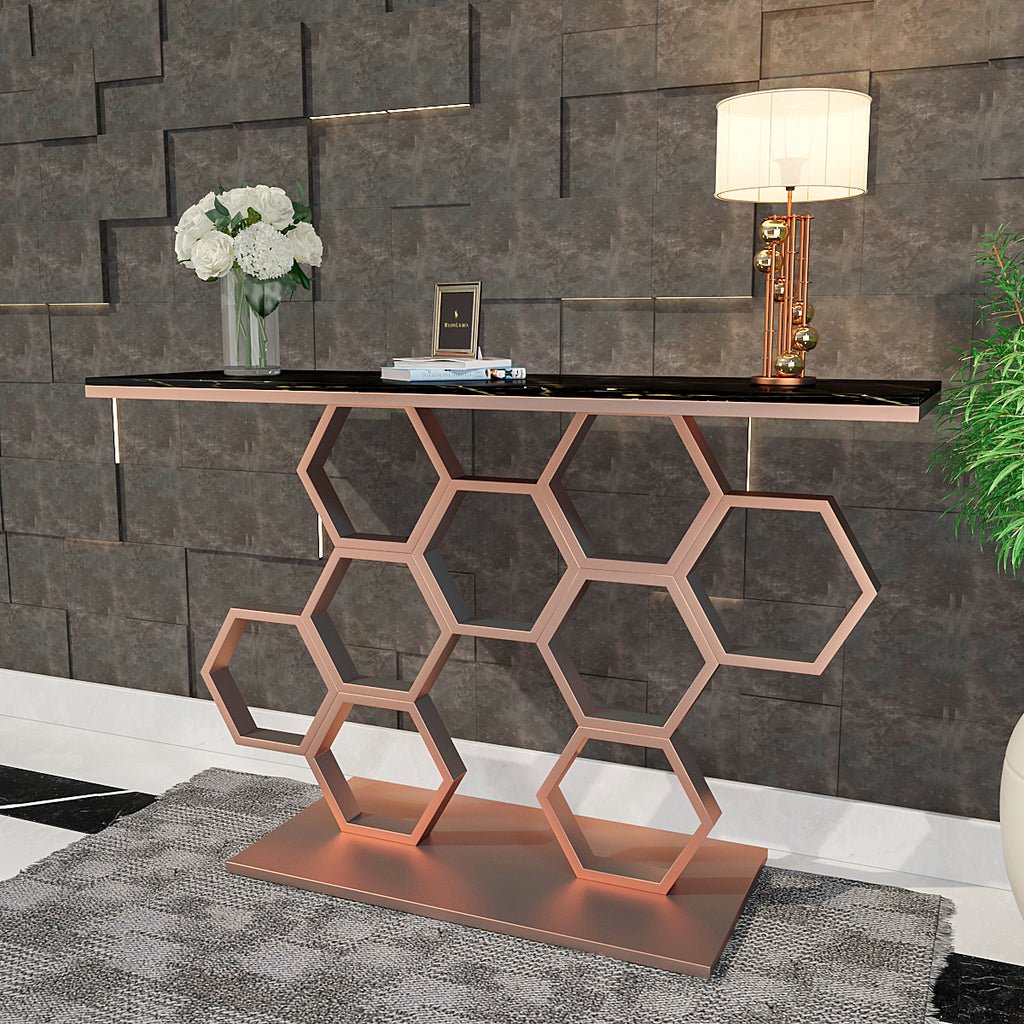 Honeycomb Motif Copper Finish Metal Console Table - Decor Smart