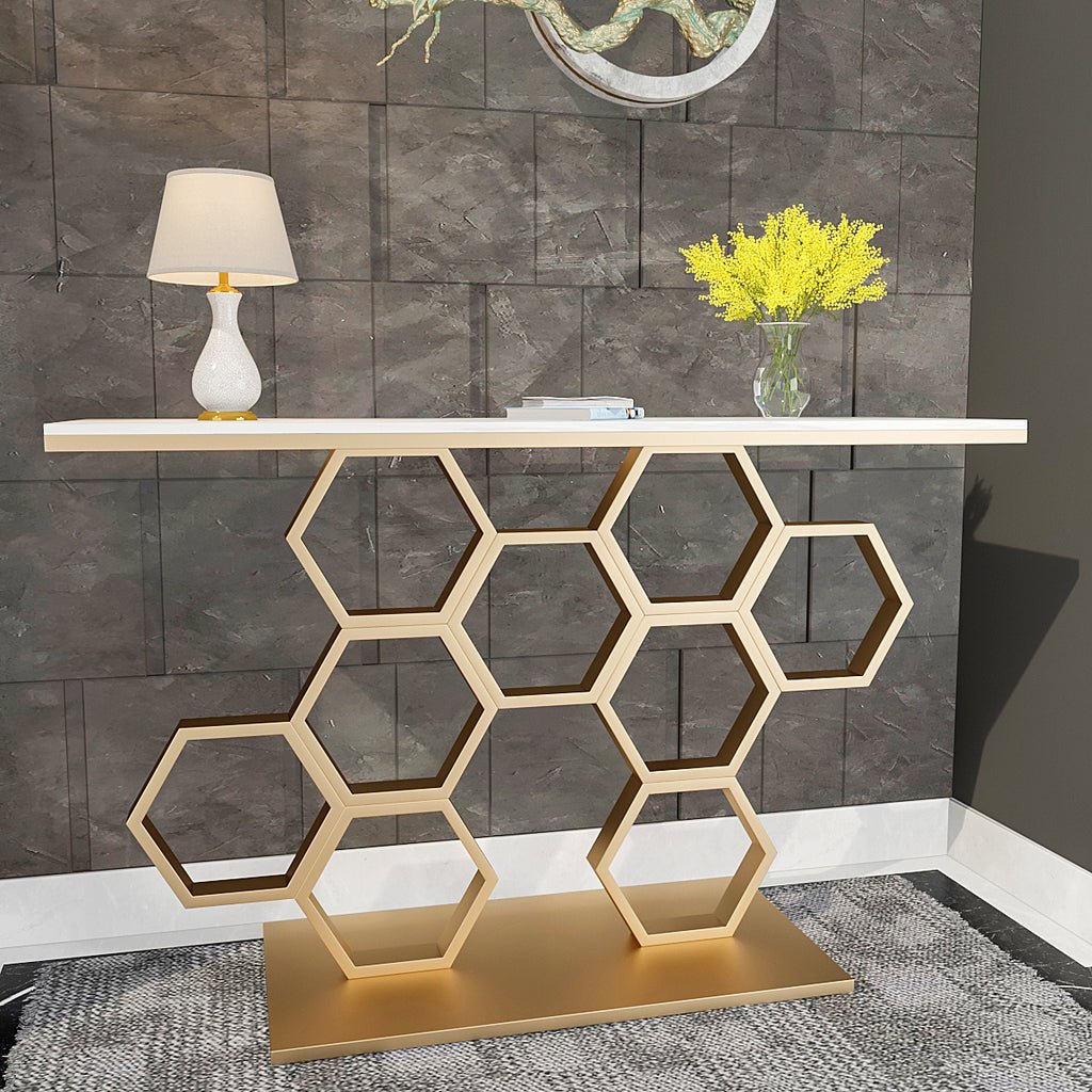 Honeycomb Motif Golden Metal Finish Console Table - Decor Smart