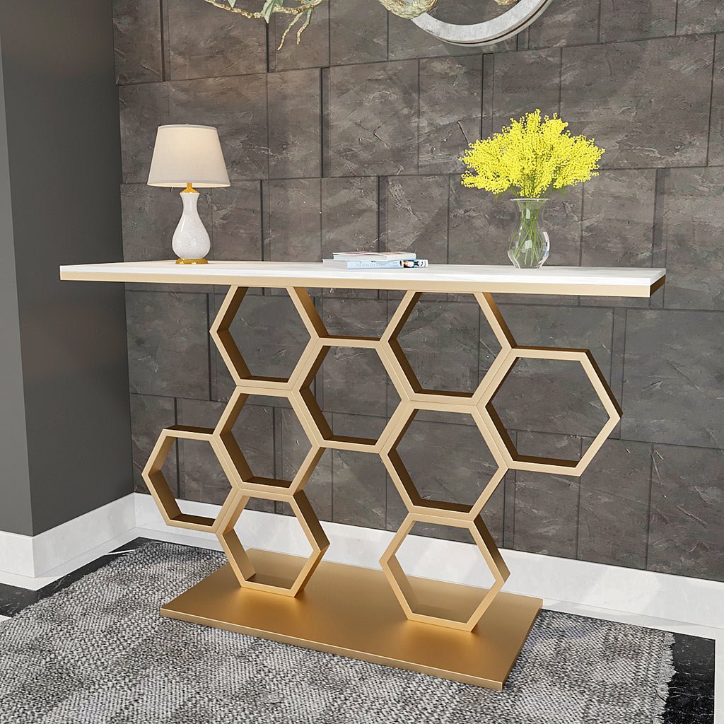 Honeycomb Motif Golden Metal Finish Console Table - Decor Smart