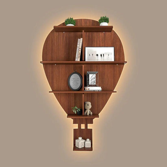 Hot Air Balloon Backlit Designer Wooden Wall Shelf / Book Shelf / Night Light, Walnut Finish - Decor Smart