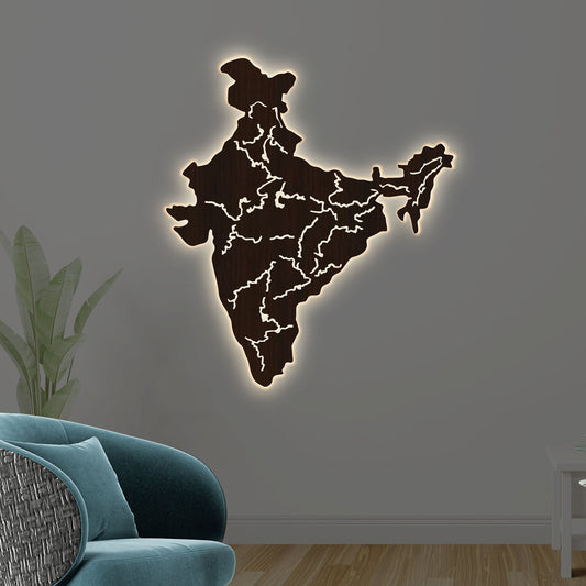 India Map Backlit Wooden Wall Decor with LED Night Light Walnut Finish - Decor Smart